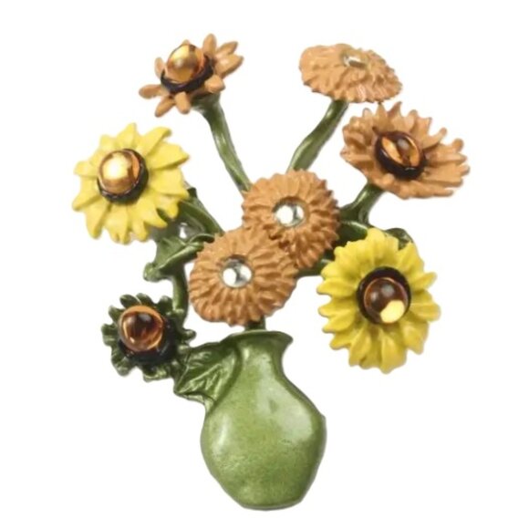 Sunflower Bouquet Brooch - Green Yellow Brown & Orange Highlights - Picture 1 of 3